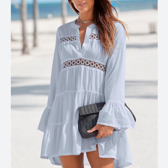 White Flared Sleeve Swim Dress • Boho Beach Cover-Up •Tiered Mini • Size M • New - Picture 6 of 7